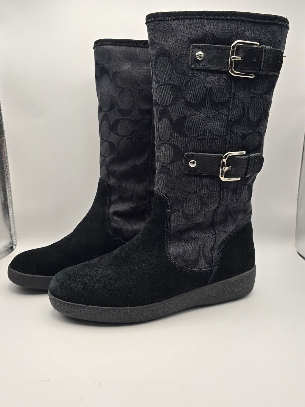 Coach Tinah Brown Khaki Signature Canvas Suede Mid-Calf Winter Boots Size 6b